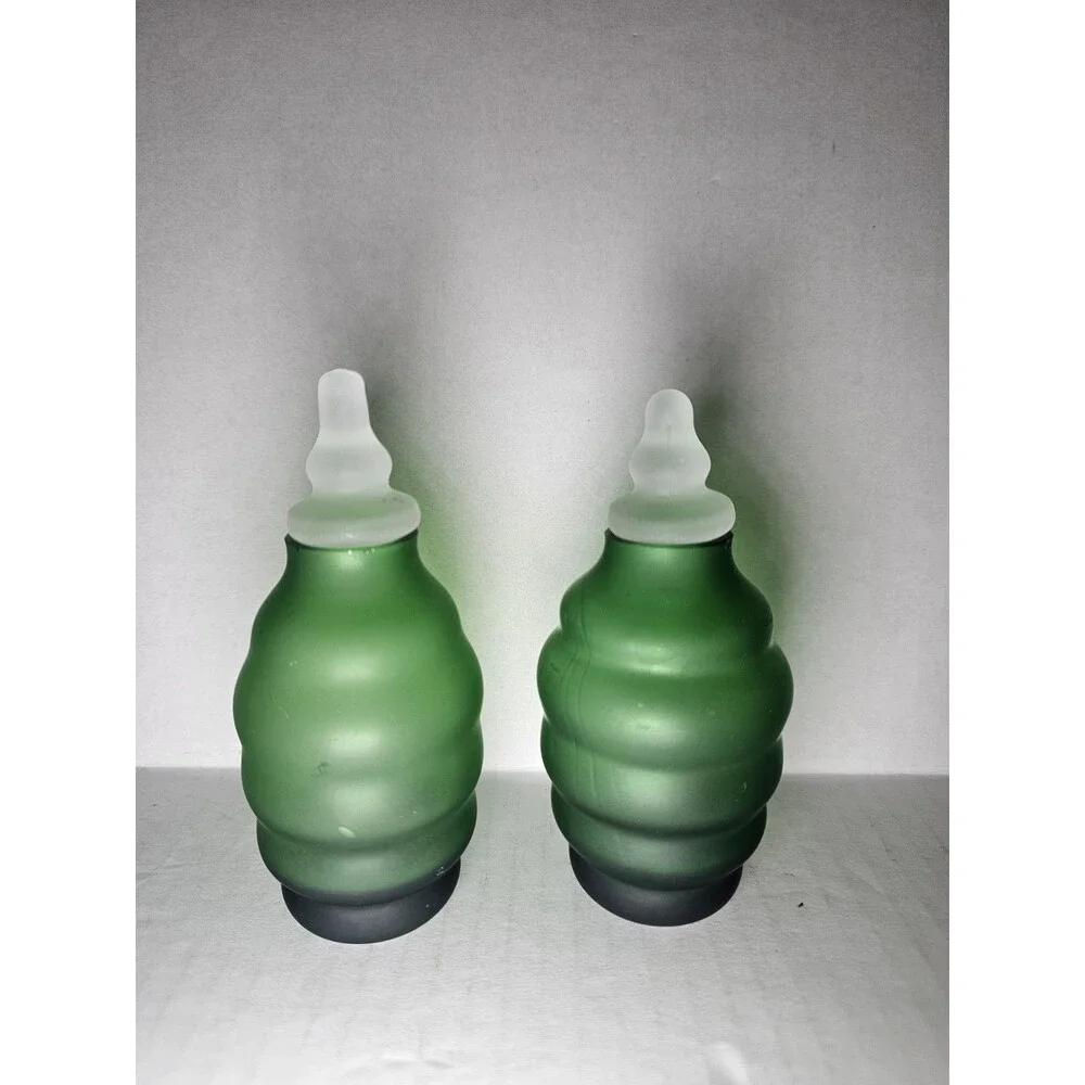 Set Of 2 Green Glass Apothecary Jars Ribbed Frosted